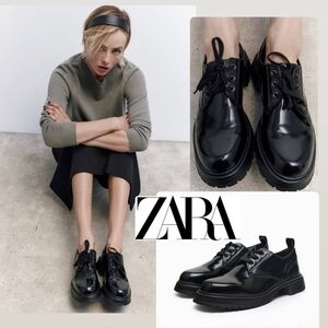 New Zara Laced Oxfords Patent Leather Black Shoes Size 7.5 US / 8 EU